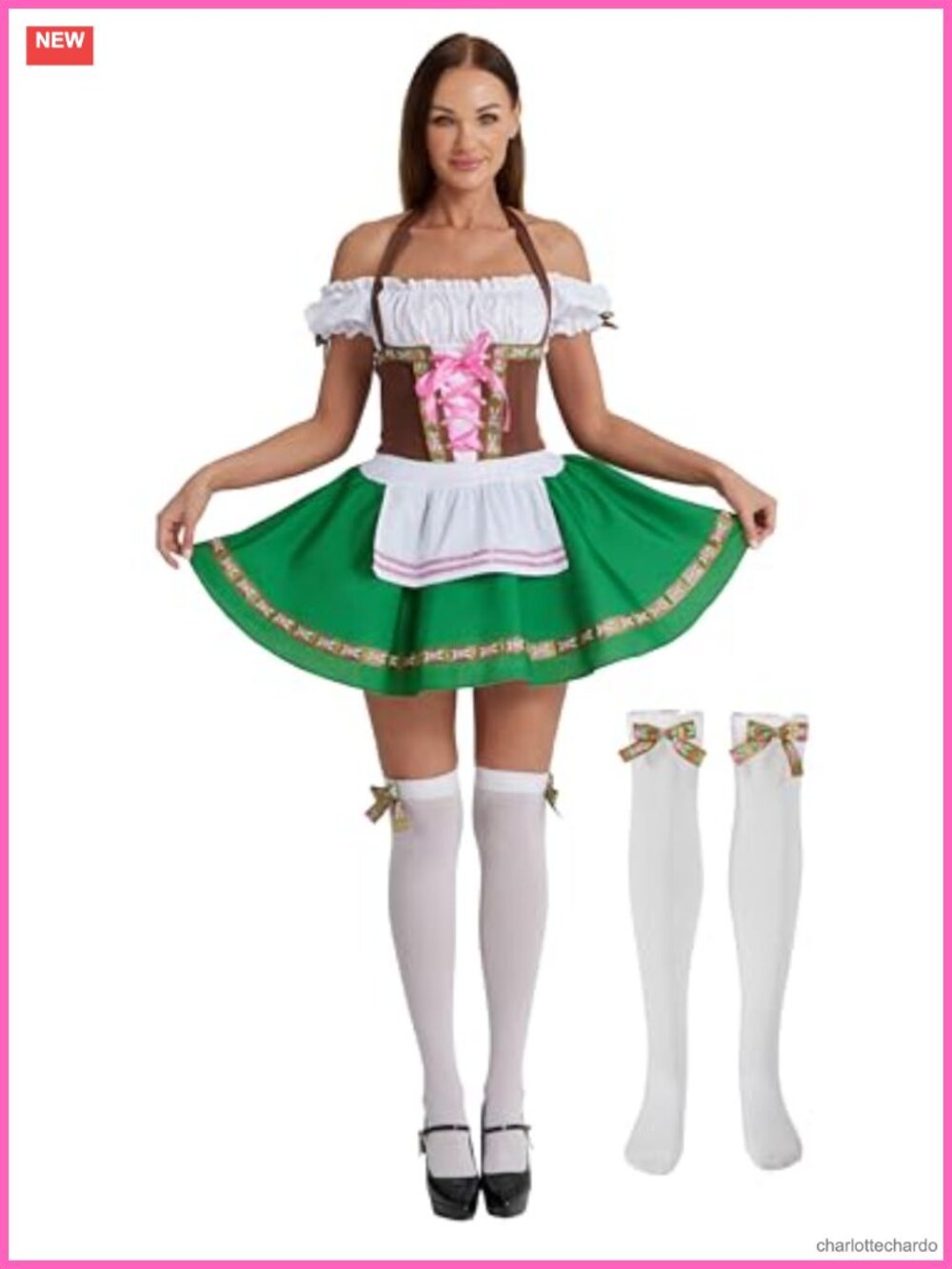 Women's Bavarian Dirndl Costume Dress Set with Stockings